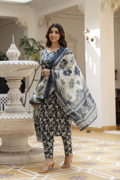 Women Grey Paisely Printed Straight Kurta With Trouser And Dupatta | LASVINI - Redefining Indian Fashion with Elegance