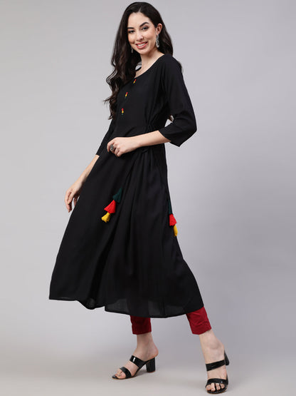 Women Black A-Line Kurta With Three Quarter Sleeves | LASVINI - Redefining Indian Fashion with Elegance