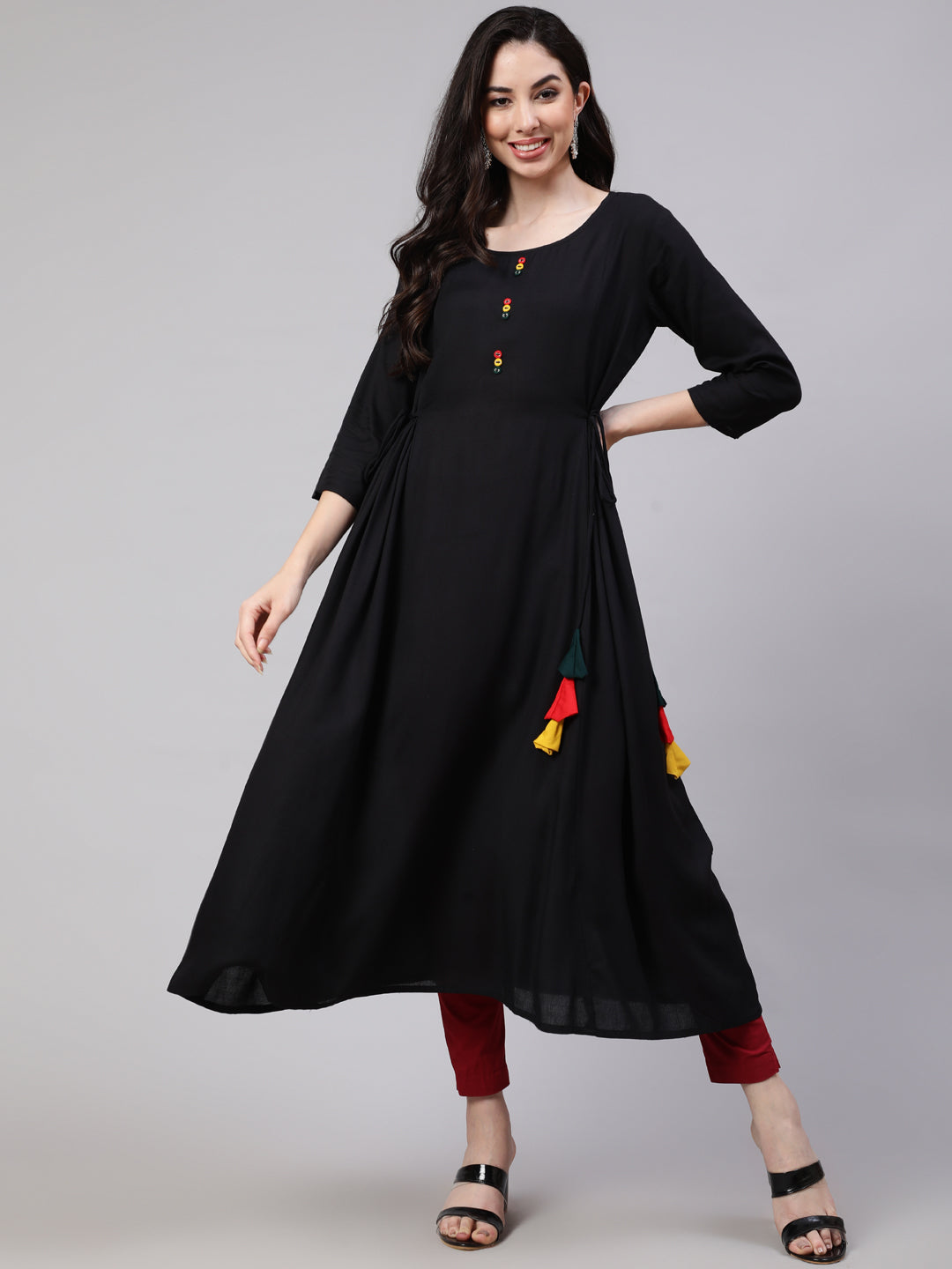 Women Black A-Line Kurta With Three Quarter Sleeves | LASVINI - Redefining Indian Fashion with Elegance
