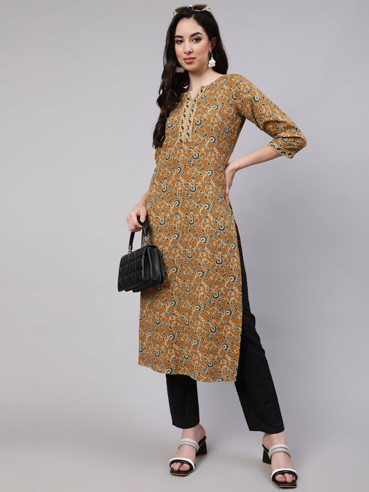 Women Mustard Printed Straight Kurta Three Quarter Sleeves | LASVINI - Redefining Indian Fashion with Elegance