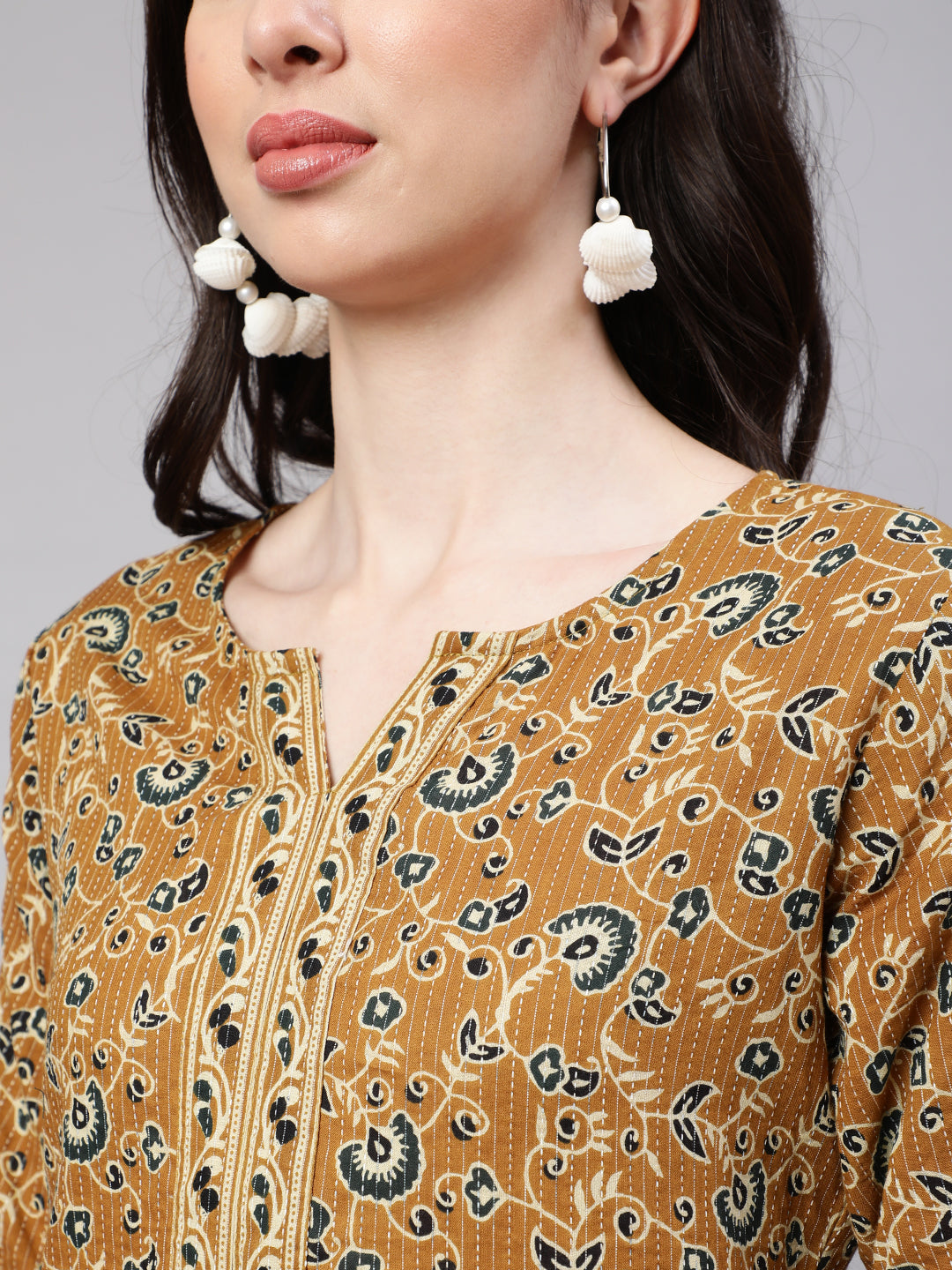 Women Mustard Printed Straight Kurta Three Quarter Sleeves | LASVINI - Redefining Indian Fashion with Elegance