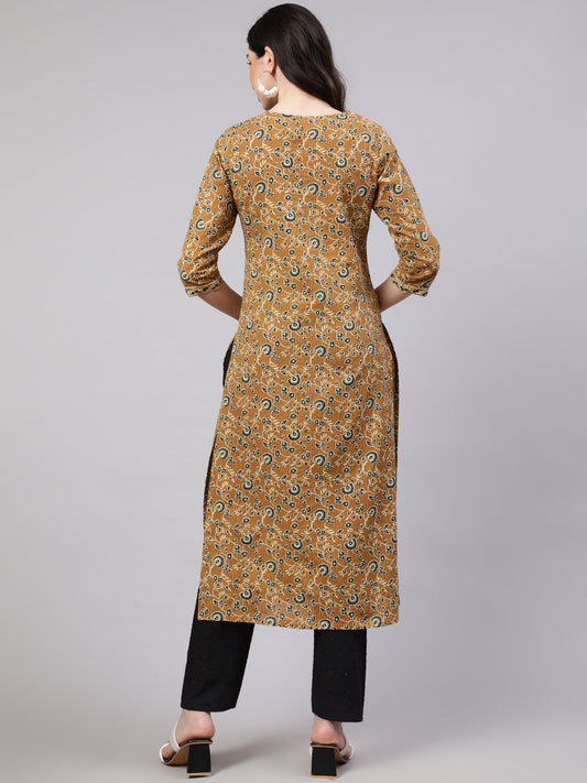 Women Mustard Printed Straight Kurta Three Quarter Sleeves | LASVINI - Redefining Indian Fashion with Elegance