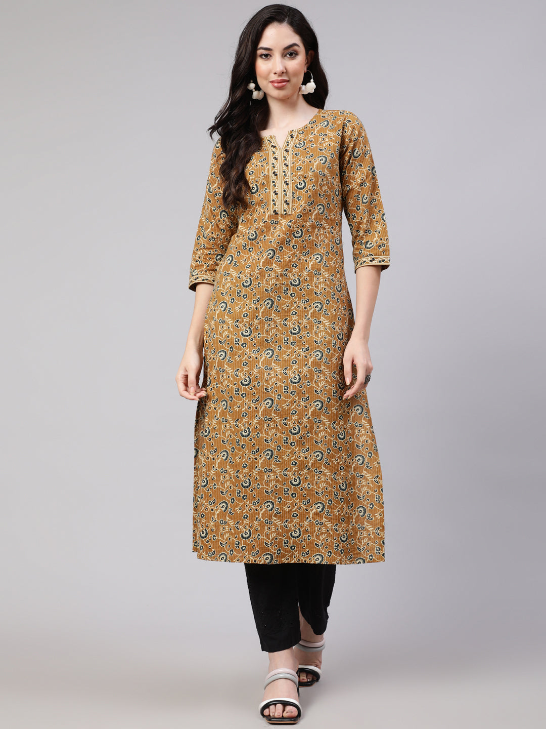 Women Mustard Printed Straight Kurta Three Quarter Sleeves | LASVINI - Redefining Indian Fashion with Elegance