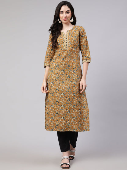 Women Mustard Printed Straight Kurta Three Quarter Sleeves | LASVINI - Redefining Indian Fashion with Elegance