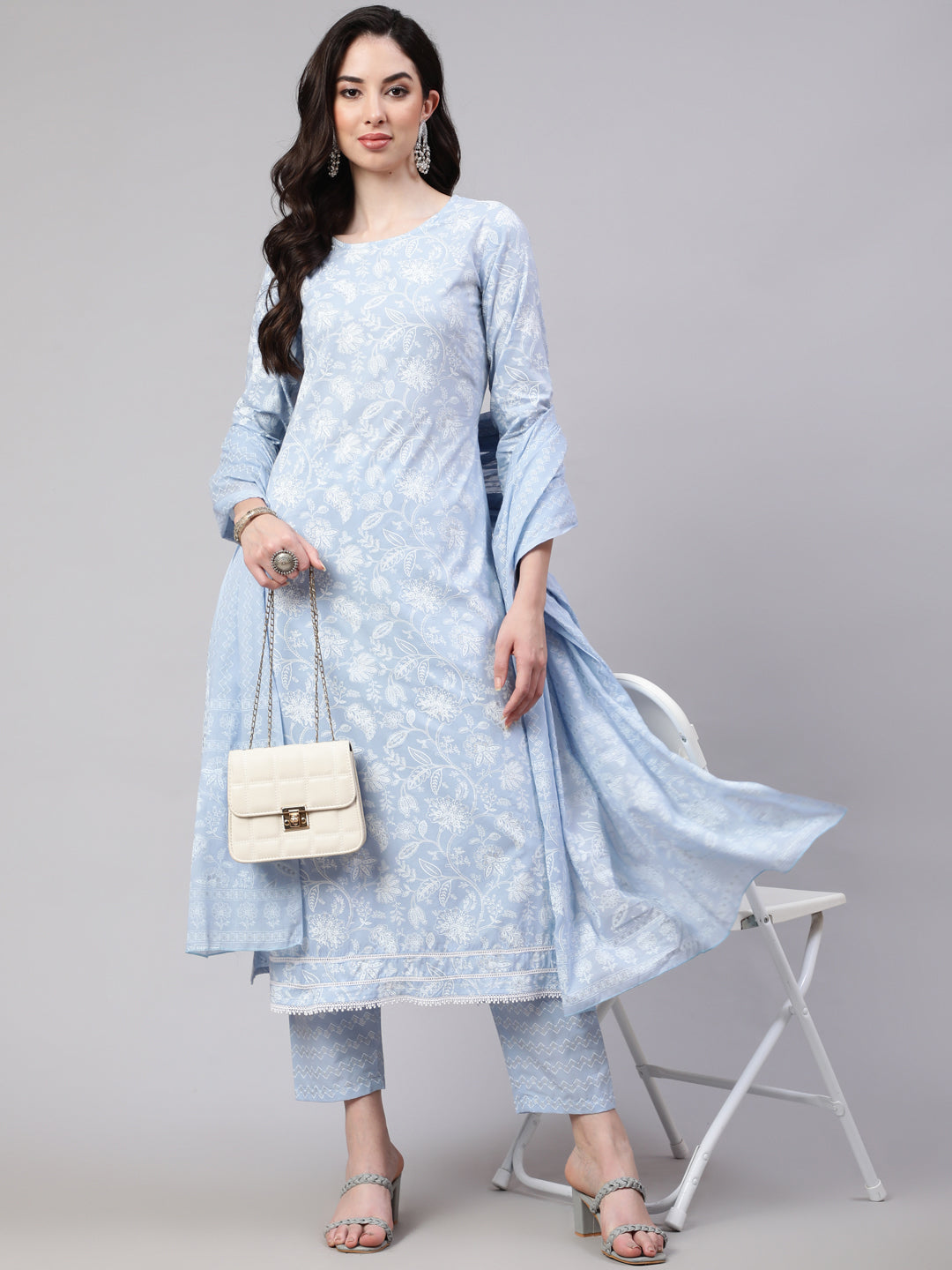 Women Blue Ethnic Printed Straight Kurta With Trouser And Dupatta | LASVINI - Redefining Indian Fashion with Elegance