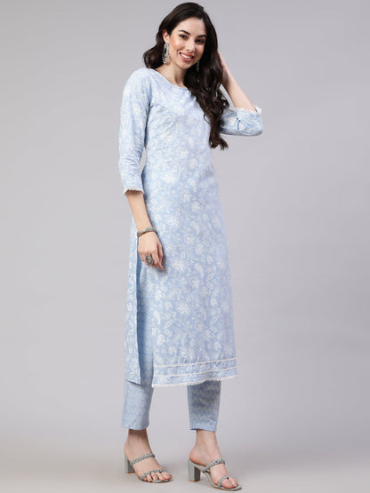 Women Blue Ethnic Printed Straight Kurta With Trouser And Dupatta | LASVINI - Redefining Indian Fashion with Elegance