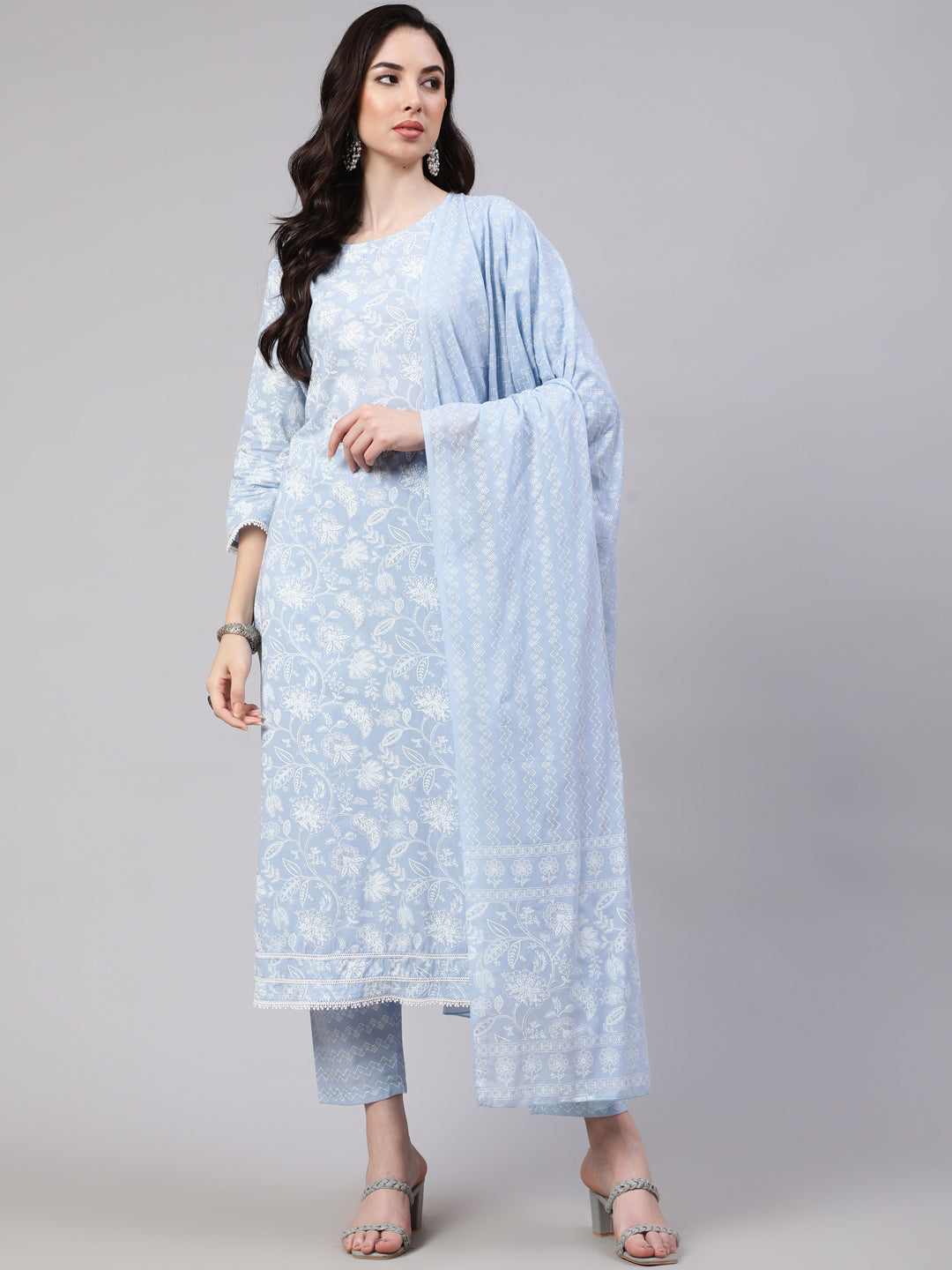 Women Blue Ethnic Printed Straight Kurta With Trouser And Dupatta | LASVINI - Redefining Indian Fashion with Elegance