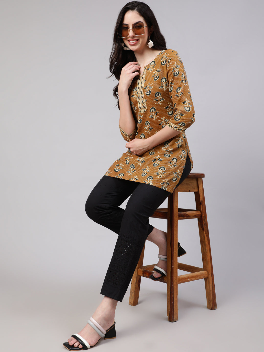 Women Mustard Straight Tunic With Three Quarter Sleeves | LASVINI - Redefining Indian Fashion with Elegance