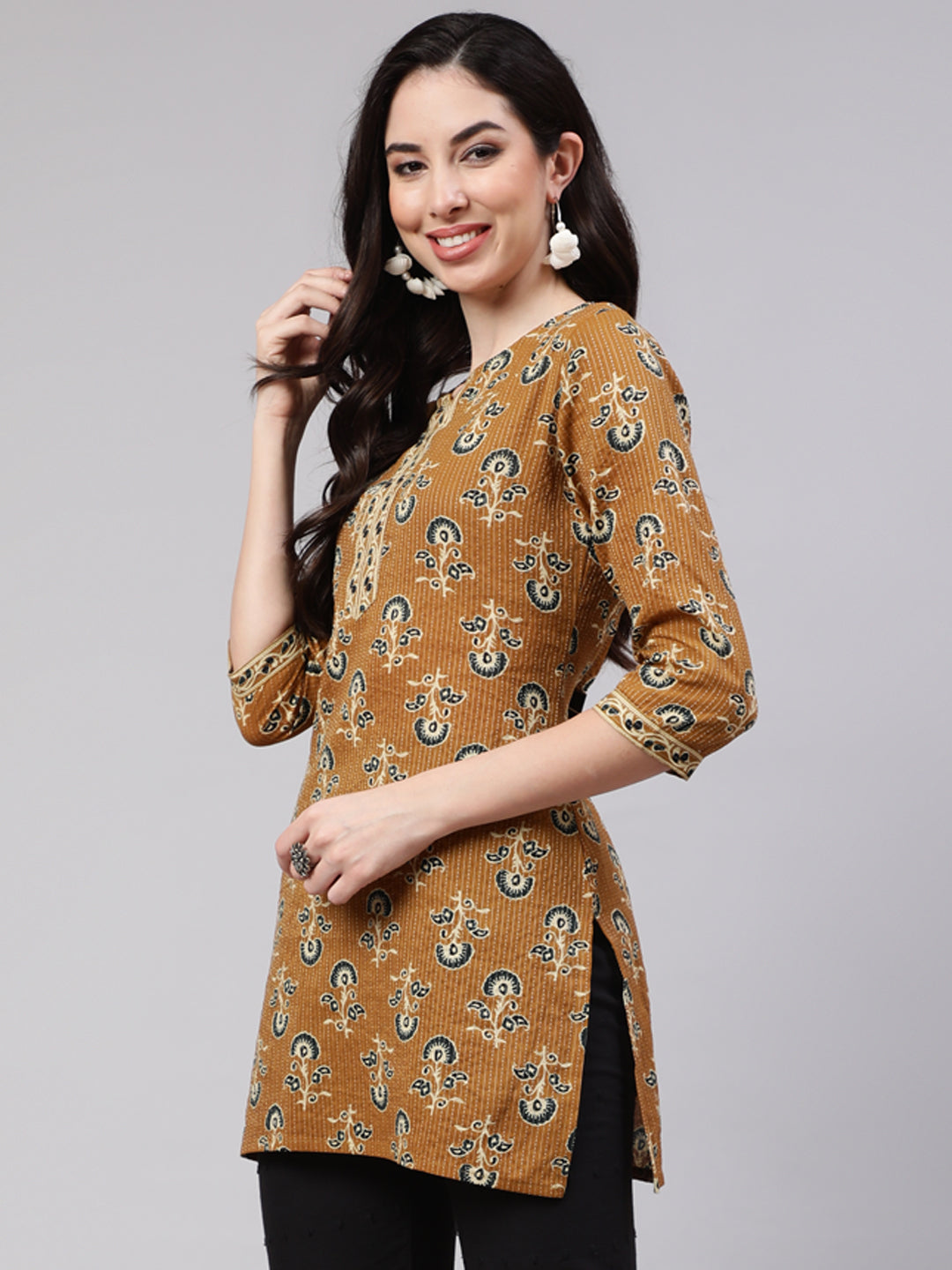 Women Mustard Straight Tunic With Three Quarter Sleeves | LASVINI - Redefining Indian Fashion with Elegance