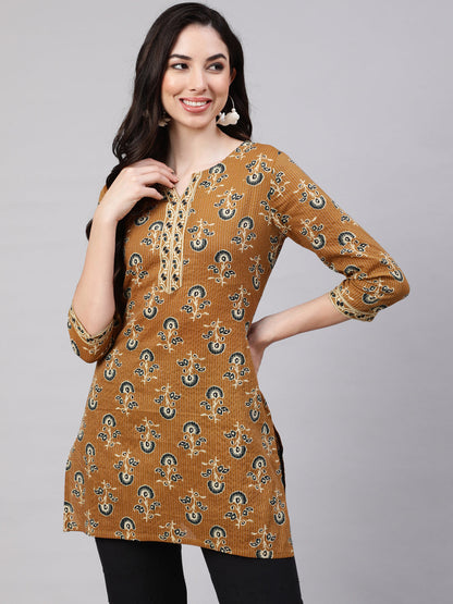 Women Mustard Straight Tunic With Three Quarter Sleeves | LASVINI - Redefining Indian Fashion with Elegance