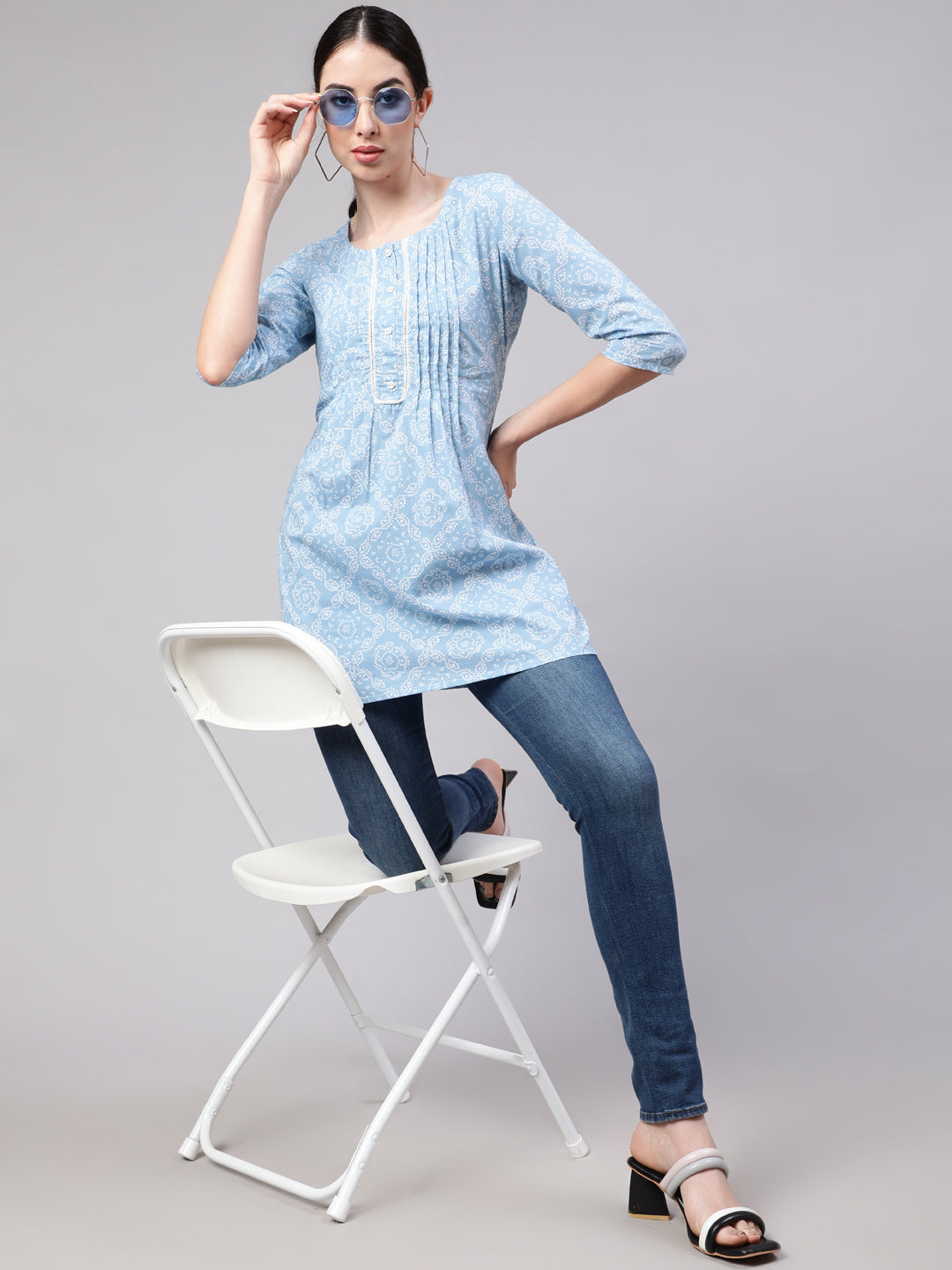 Women Blue Straight Tunic With Three Quarter Sleeves | LASVINI - Redefining Indian Fashion with Elegance