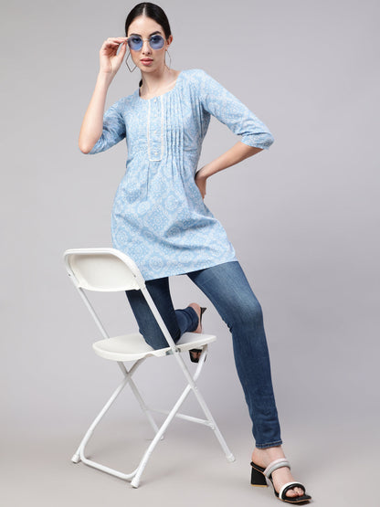 Women Blue Straight Tunic With Three Quarter Sleeves | LASVINI - Redefining Indian Fashion with Elegance