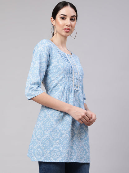 Women Blue Straight Tunic With Three Quarter Sleeves | LASVINI - Redefining Indian Fashion with Elegance