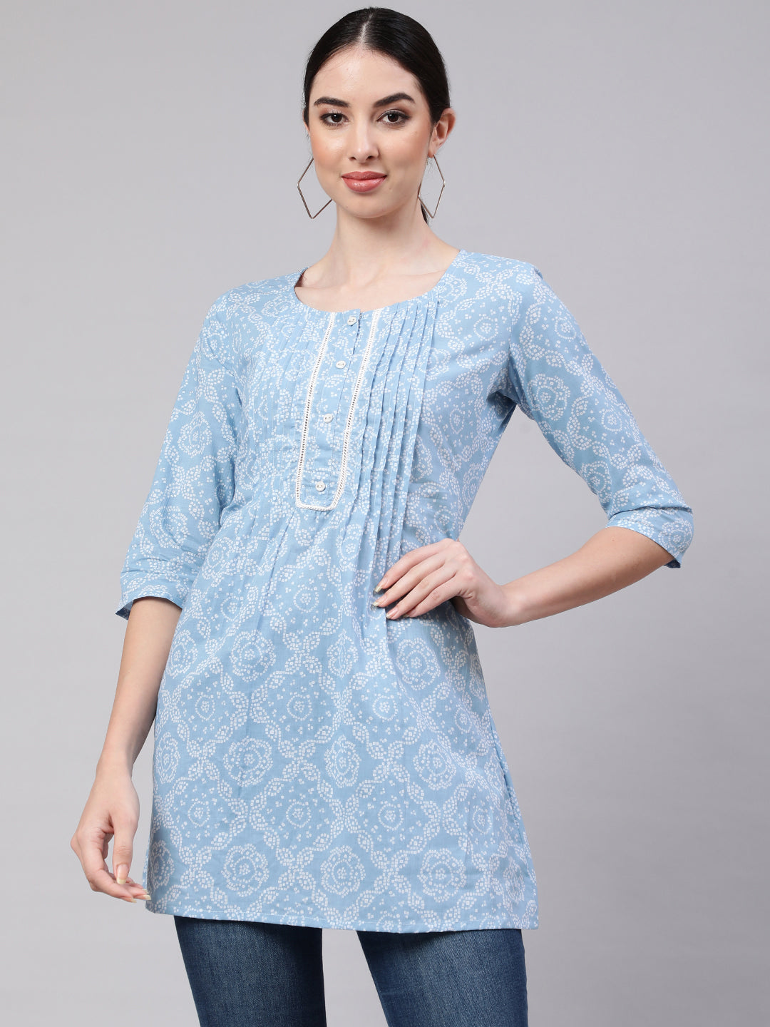 Women Blue Straight Tunic With Three Quarter Sleeves | LASVINI - Redefining Indian Fashion with Elegance