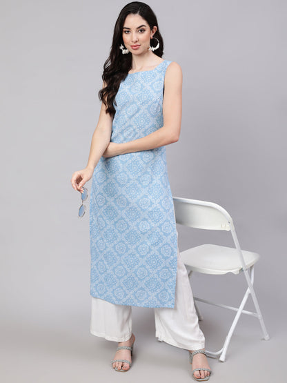 Women Blue Ethnic Printed Straight Sleeveless Kurta | LASVINI - Redefining Indian Fashion with Elegance