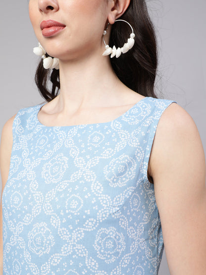Women Blue Ethnic Printed Straight Sleeveless Kurta | LASVINI - Redefining Indian Fashion with Elegance