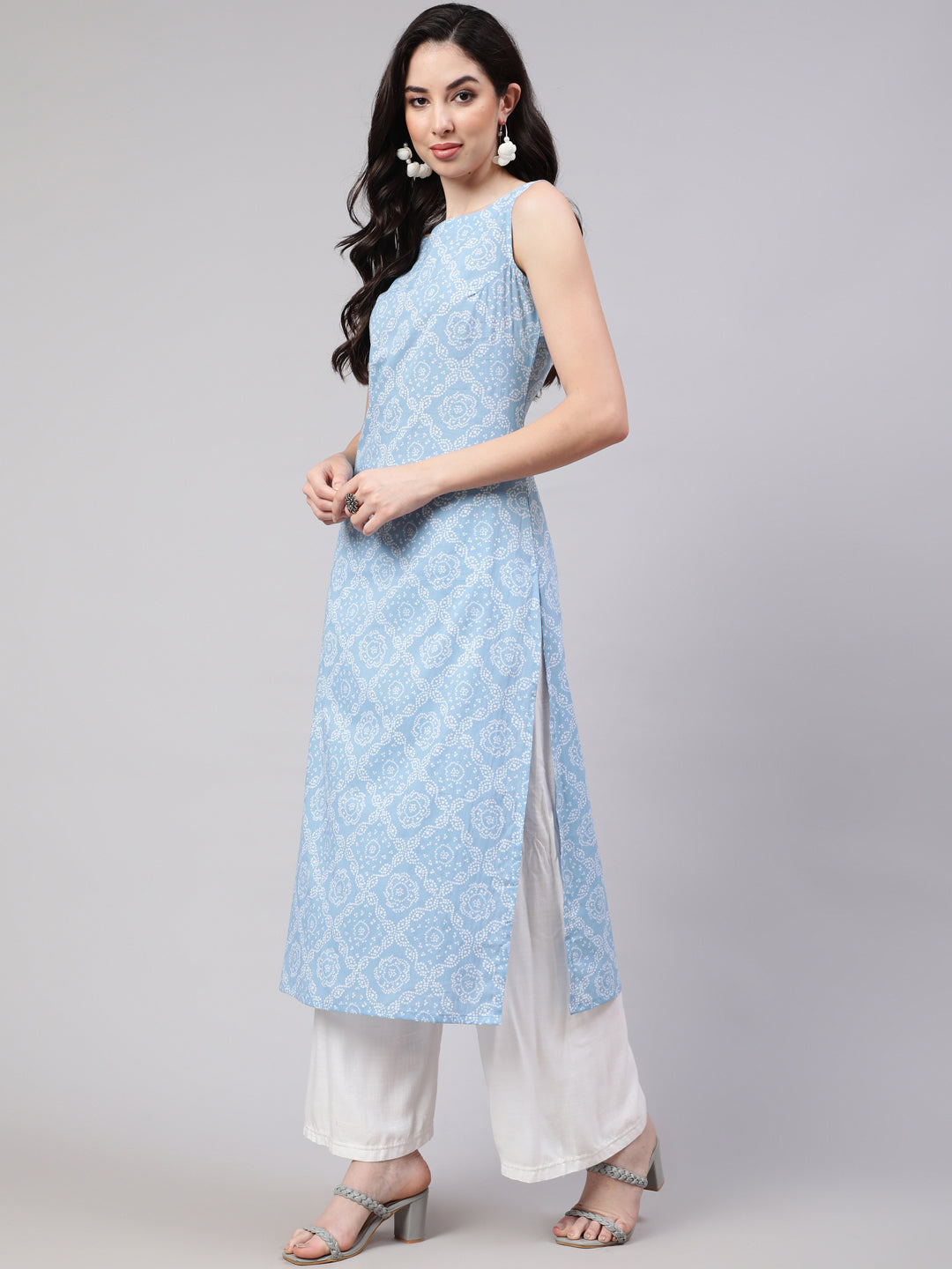 Women Blue Ethnic Printed Straight Sleeveless Kurta | LASVINI - Redefining Indian Fashion with Elegance