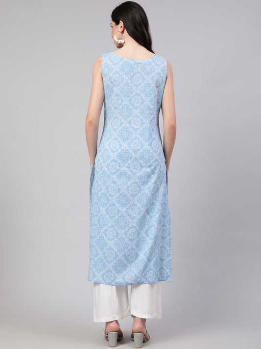 Women Blue Ethnic Printed Straight Sleeveless Kurta | LASVINI - Redefining Indian Fashion with Elegance