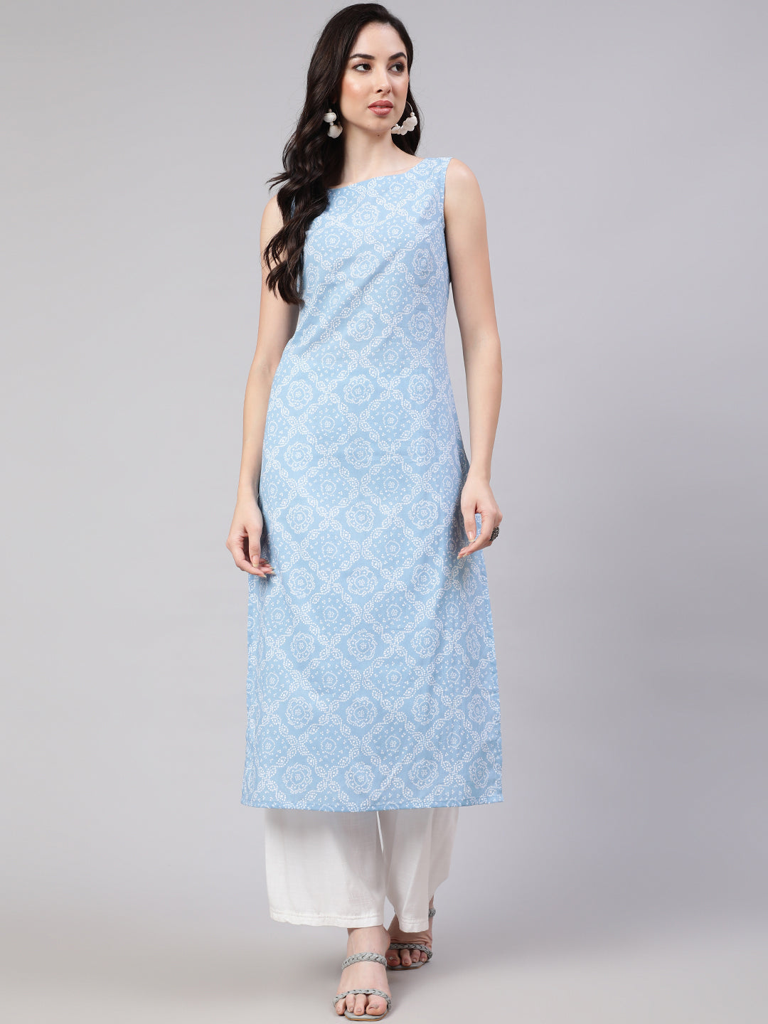 Women Blue Ethnic Printed Straight Sleeveless Kurta | LASVINI - Redefining Indian Fashion with Elegance