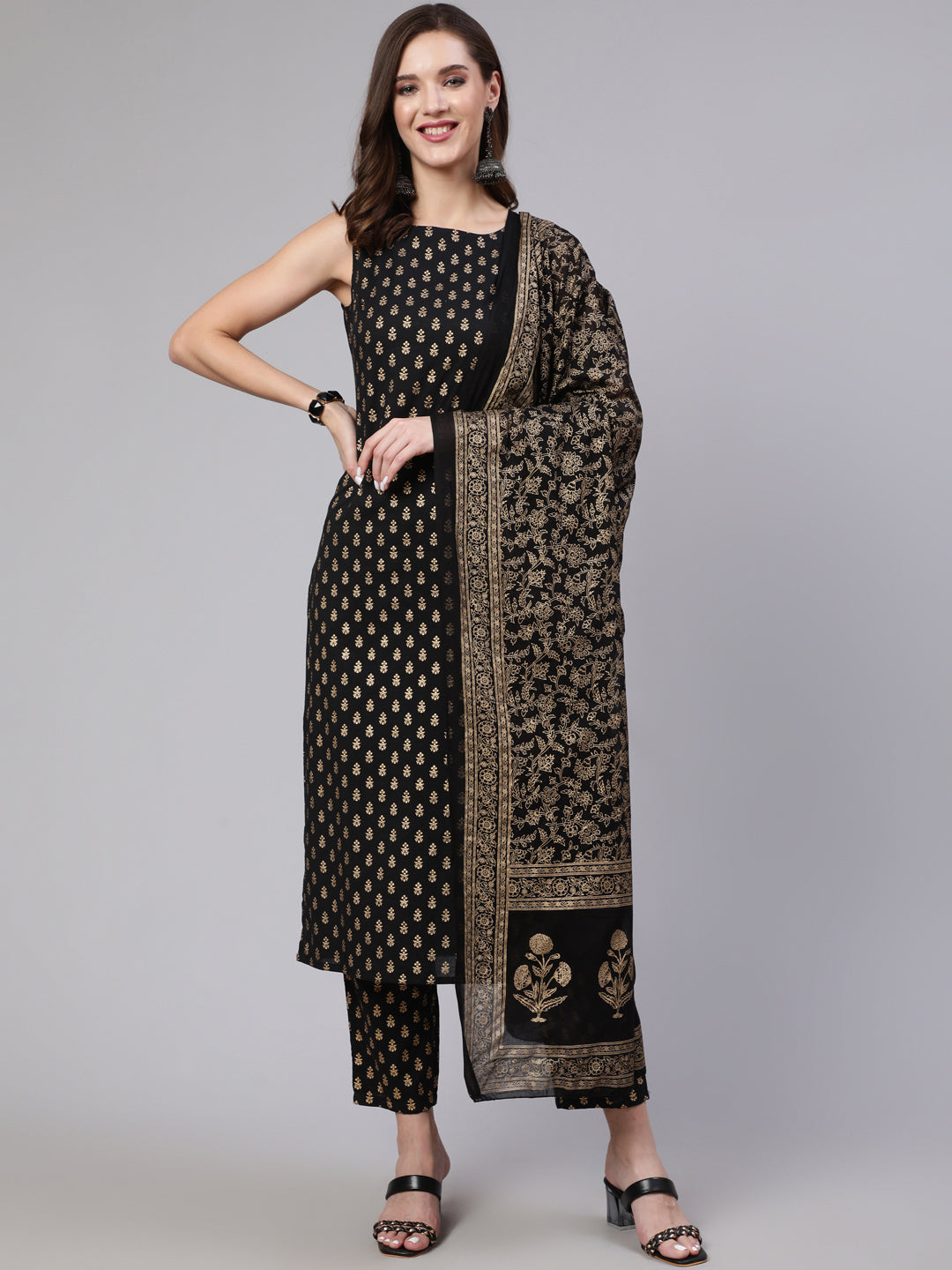 Women Black Printed Straight Kurta With Trouser And Dupatta | LASVINI - Redefining Indian Fashion with Elegance