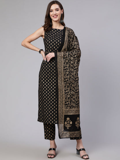 Women Black Printed Straight Kurta With Trouser And Dupatta | LASVINI - Redefining Indian Fashion with Elegance