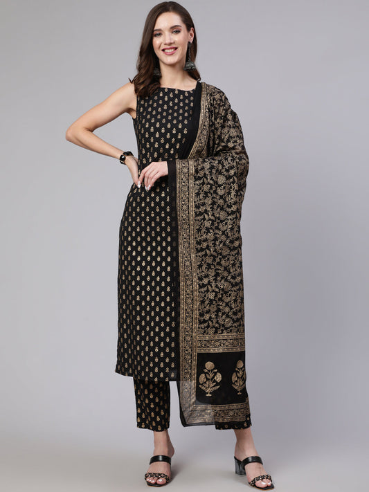 Women Black Printed Straight Kurta With Trouser And Dupatta | LASVINI - Redefining Indian Fashion with Elegance