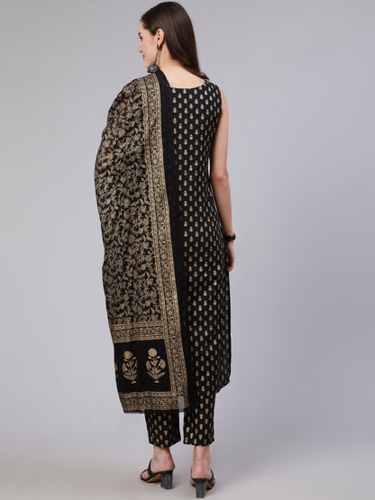 Women Black Printed Straight Kurta With Trouser And Dupatta | LASVINI - Redefining Indian Fashion with Elegance