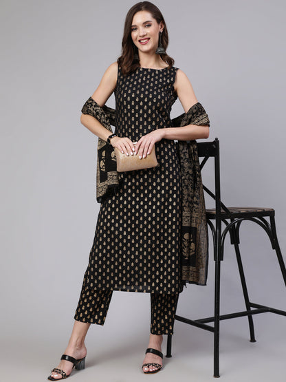 Women Black Printed Straight Kurta With Trouser And Dupatta | LASVINI - Redefining Indian Fashion with Elegance