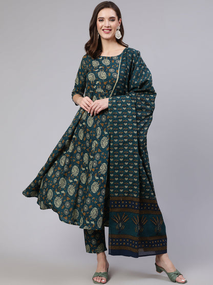 Women Green Floral Printed Anarkali Kurta With Trouser And Dupatta | LASVINI - Redefining Indian Fashion with Elegance