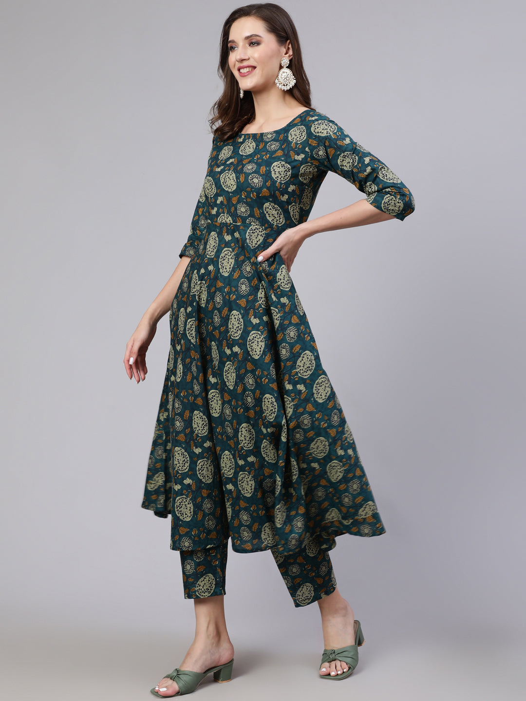 Women Green Floral Printed Anarkali Kurta With Trouser And Dupatta | LASVINI - Redefining Indian Fashion with Elegance