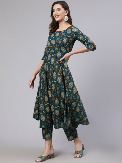 Women Green Floral Printed Anarkali Kurta With Trouser And Dupatta | LASVINI - Redefining Indian Fashion with Elegance
