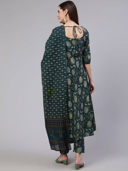 Women Green Floral Printed Anarkali Kurta With Trouser And Dupatta | LASVINI - Redefining Indian Fashion with Elegance