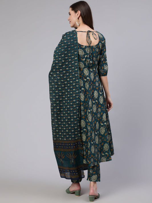 Women Green Floral Printed Anarkali Kurta With Trouser And Dupatta | LASVINI - Redefining Indian Fashion with Elegance