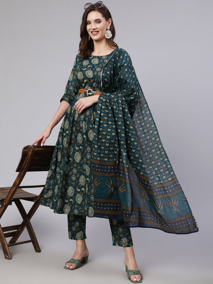 Women Green Floral Printed Anarkali Kurta With Trouser And Dupatta | LASVINI - Redefining Indian Fashion with Elegance