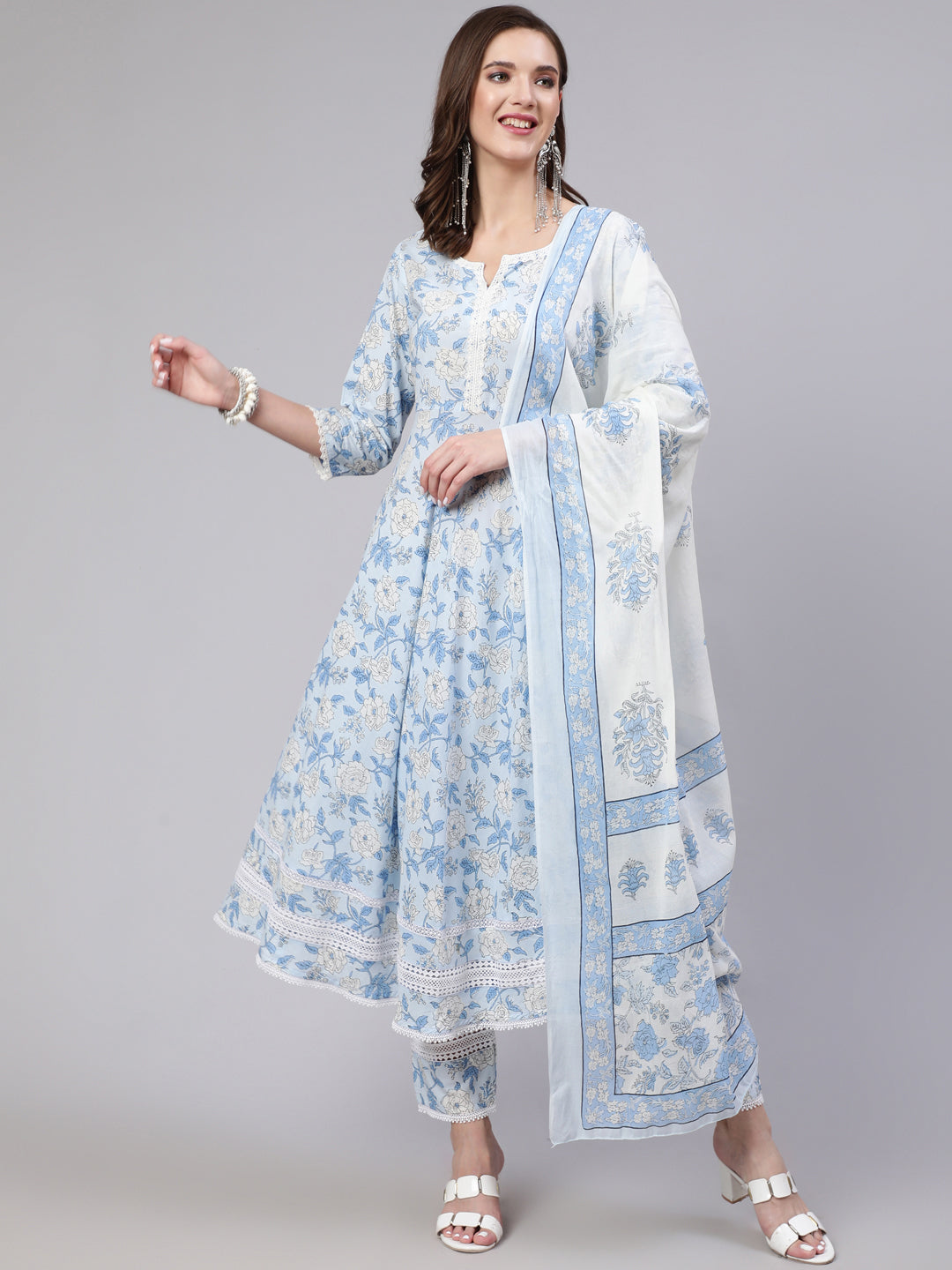 Women Blue Floral Printed Anarkali Kurta With Trouser And Dupatta | LASVINI - Redefining Indian Fashion with Elegance