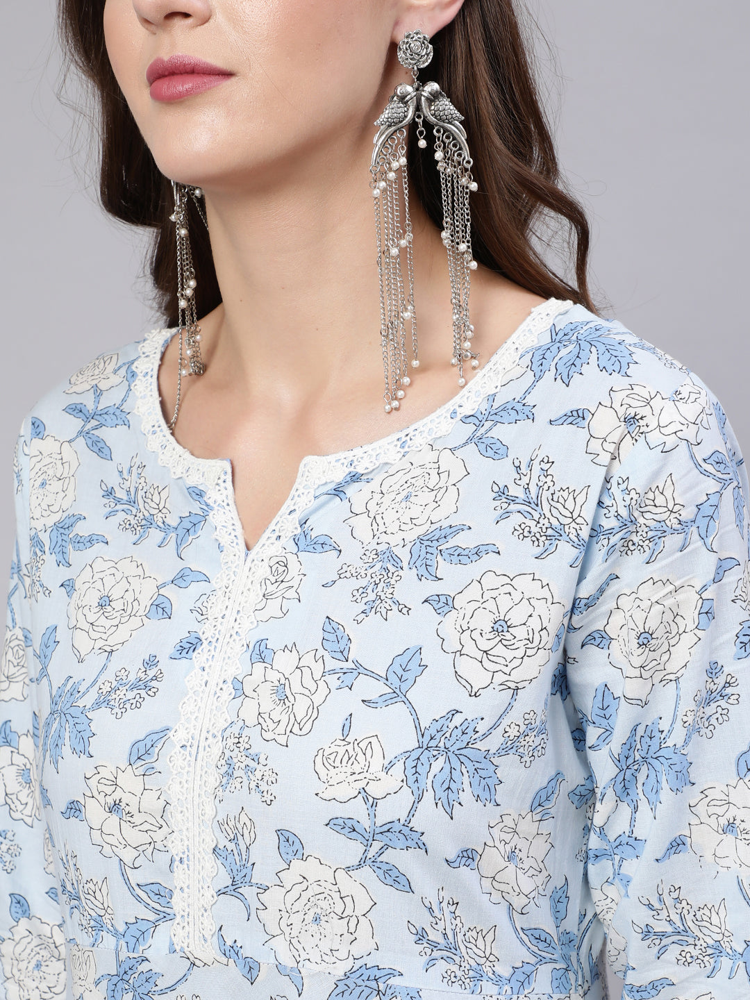 Women Blue Floral Printed Anarkali Kurta With Trouser And Dupatta | LASVINI - Redefining Indian Fashion with Elegance