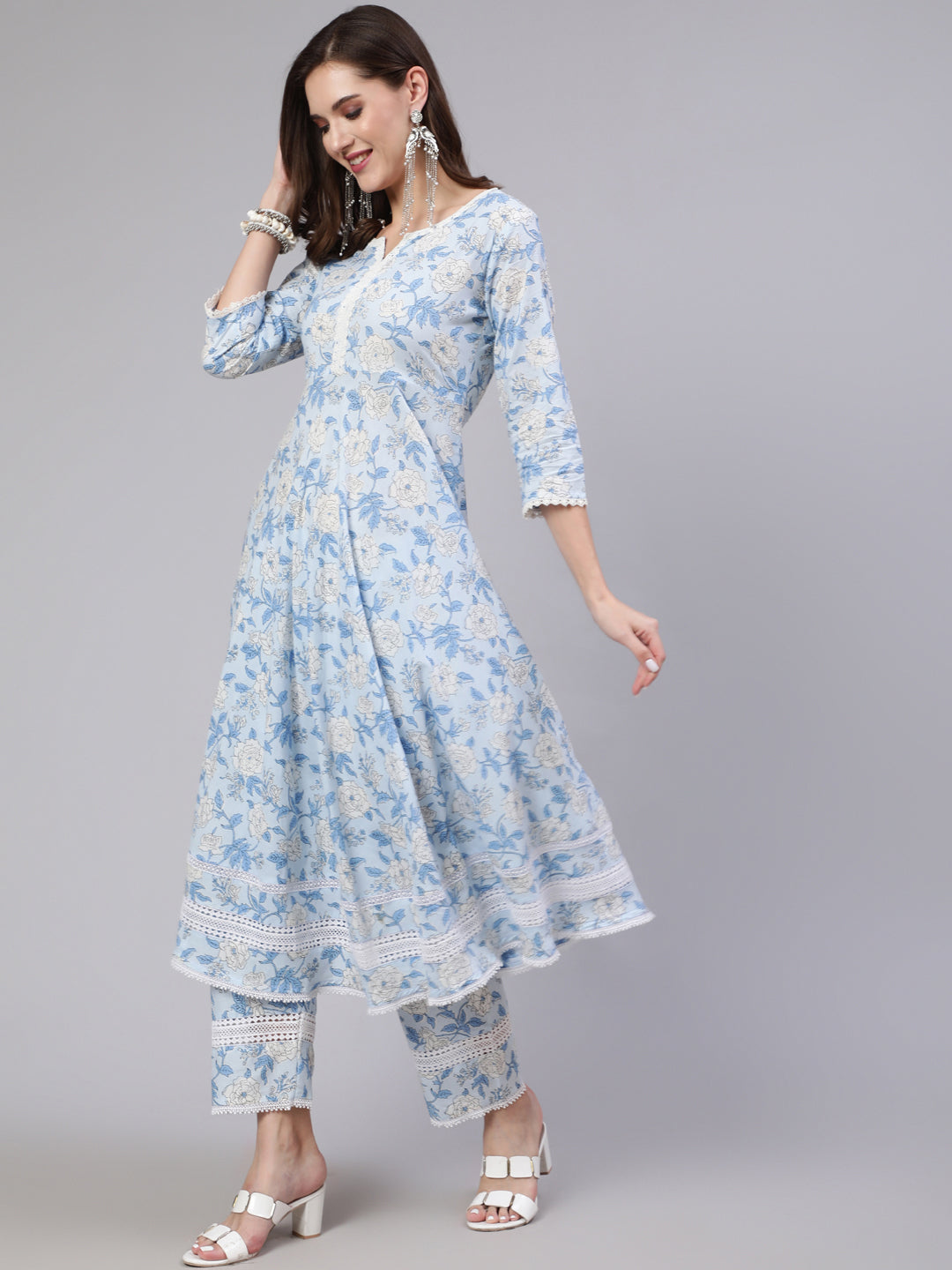 Women Blue Floral Printed Anarkali Kurta With Trouser And Dupatta | LASVINI - Redefining Indian Fashion with Elegance
