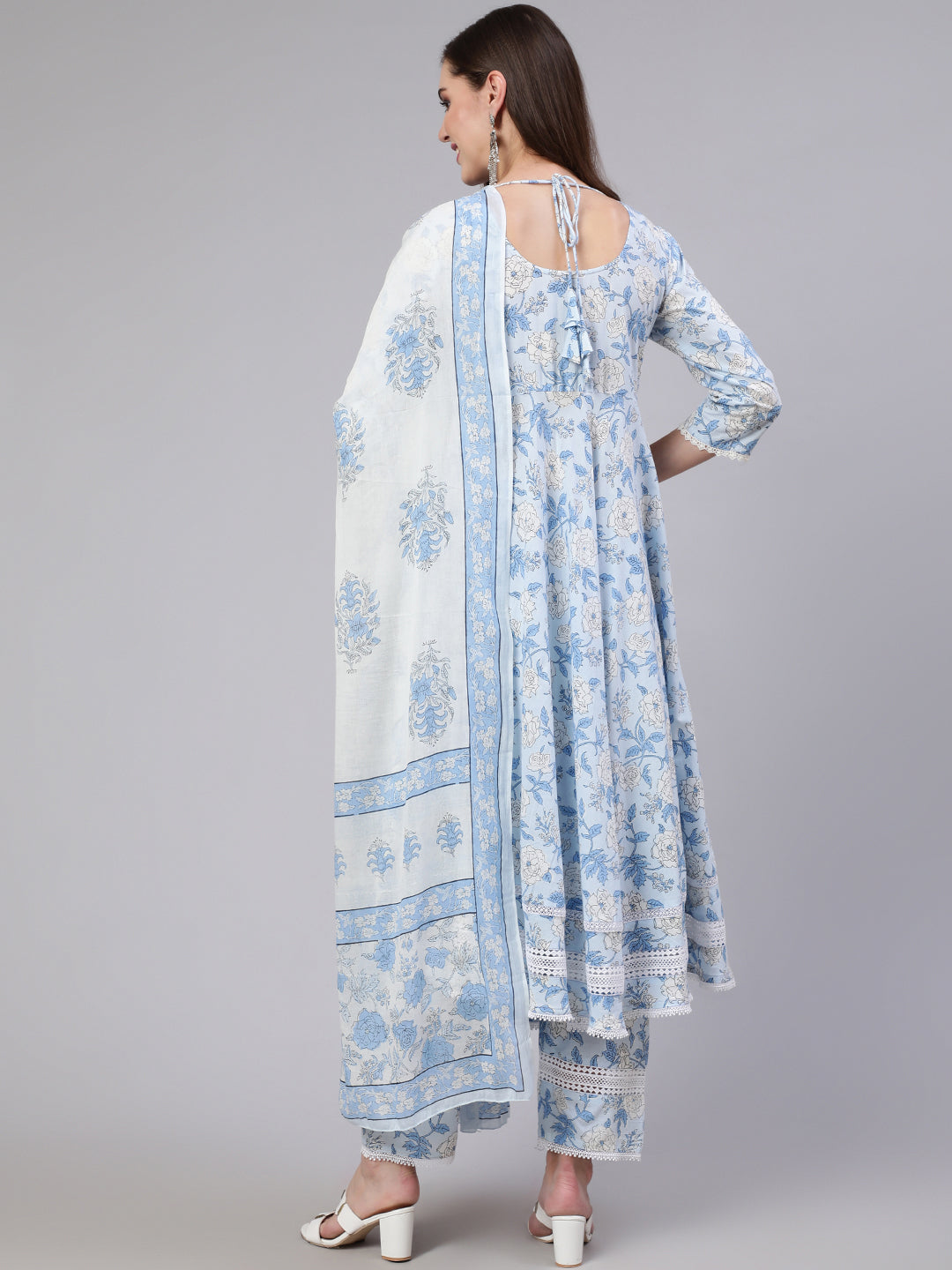 Women Blue Floral Printed Anarkali Kurta With Trouser And Dupatta | LASVINI - Redefining Indian Fashion with Elegance