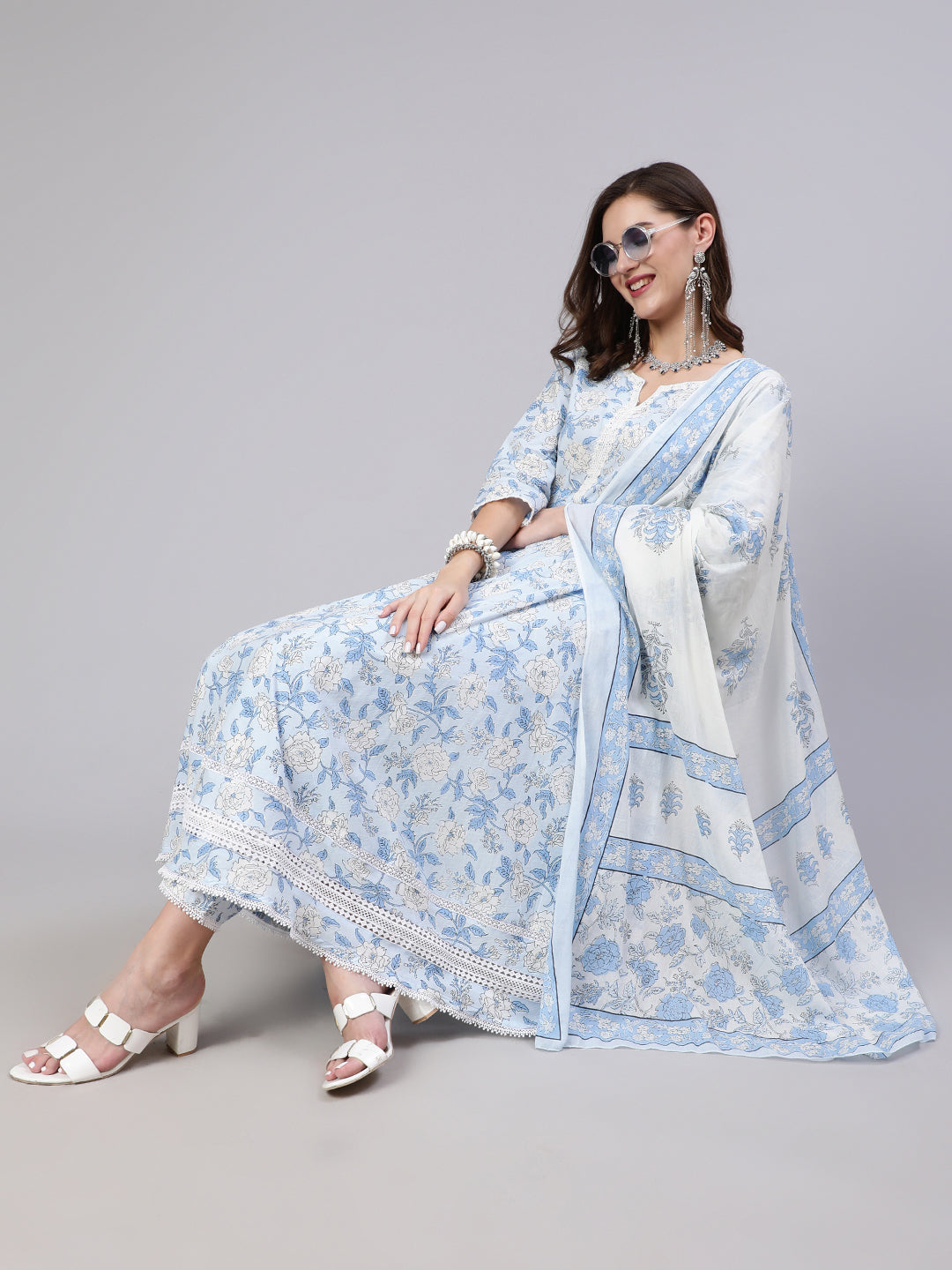 Women Blue Floral Printed Anarkali Kurta With Trouser And Dupatta | LASVINI - Redefining Indian Fashion with Elegance