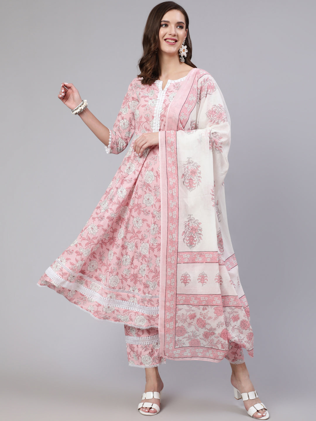 Women Pink Floral Printed Anarkali Kurta With Trouser And Dupatta | LASVINI - Redefining Indian Fashion with Elegance