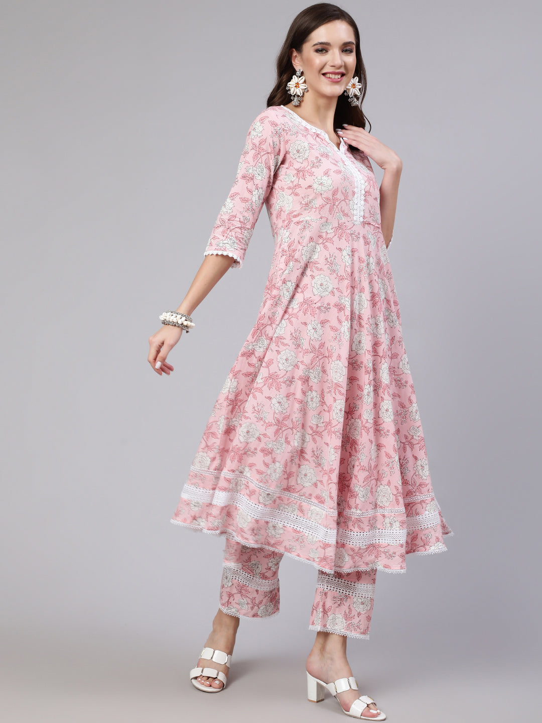 Women Pink Floral Printed Anarkali Kurta With Trouser And Dupatta | LASVINI - Redefining Indian Fashion with Elegance