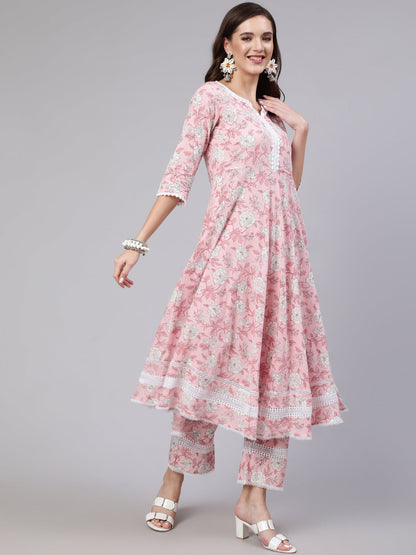 Women Pink Floral Printed Anarkali Kurta With Trouser And Dupatta | LASVINI - Redefining Indian Fashion with Elegance