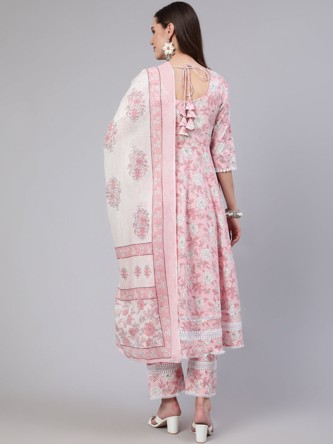 Women Pink Floral Printed Anarkali Kurta With Trouser And Dupatta | LASVINI - Redefining Indian Fashion with Elegance