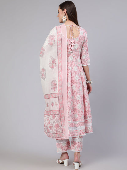 Women Pink Floral Printed Anarkali Kurta With Trouser And Dupatta | LASVINI - Redefining Indian Fashion with Elegance