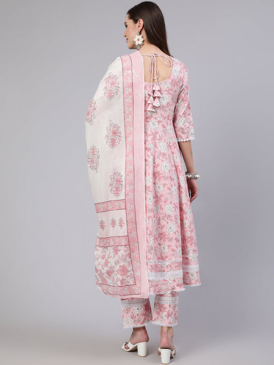 Women Pink Floral Printed Anarkali Kurta With Trouser And Dupatta | LASVINI - Redefining Indian Fashion with Elegance