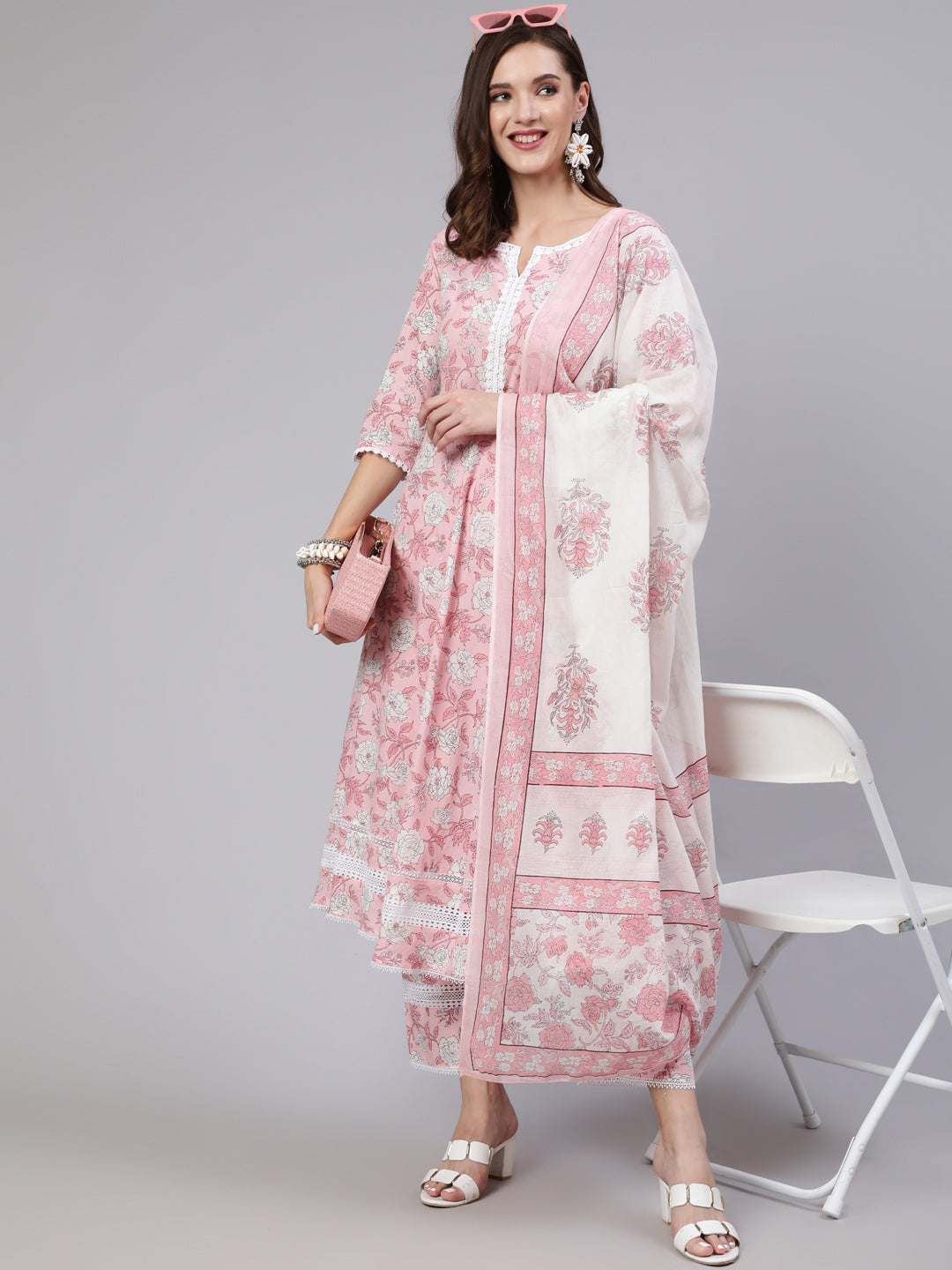Women Pink Floral Printed Anarkali Kurta With Trouser And Dupatta | LASVINI - Redefining Indian Fashion with Elegance