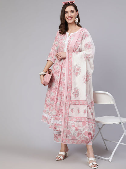 Women Pink Floral Printed Anarkali Kurta With Trouser And Dupatta | LASVINI - Redefining Indian Fashion with Elegance