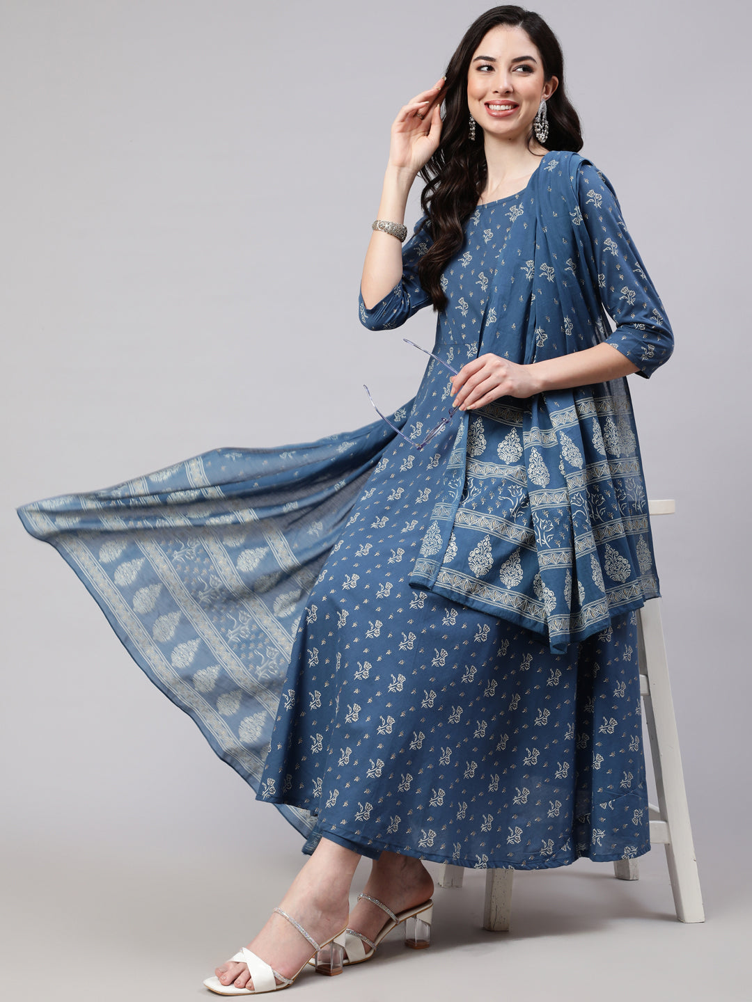 Women Blue Floral Printed Anarkali Kurta With Trouser And Dupatta | LASVINI - Redefining Indian Fashion with Elegance