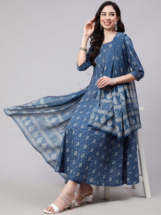 Women Blue Floral Printed Anarkali Kurta With Trouser And Dupatta | LASVINI - Redefining Indian Fashion with Elegance