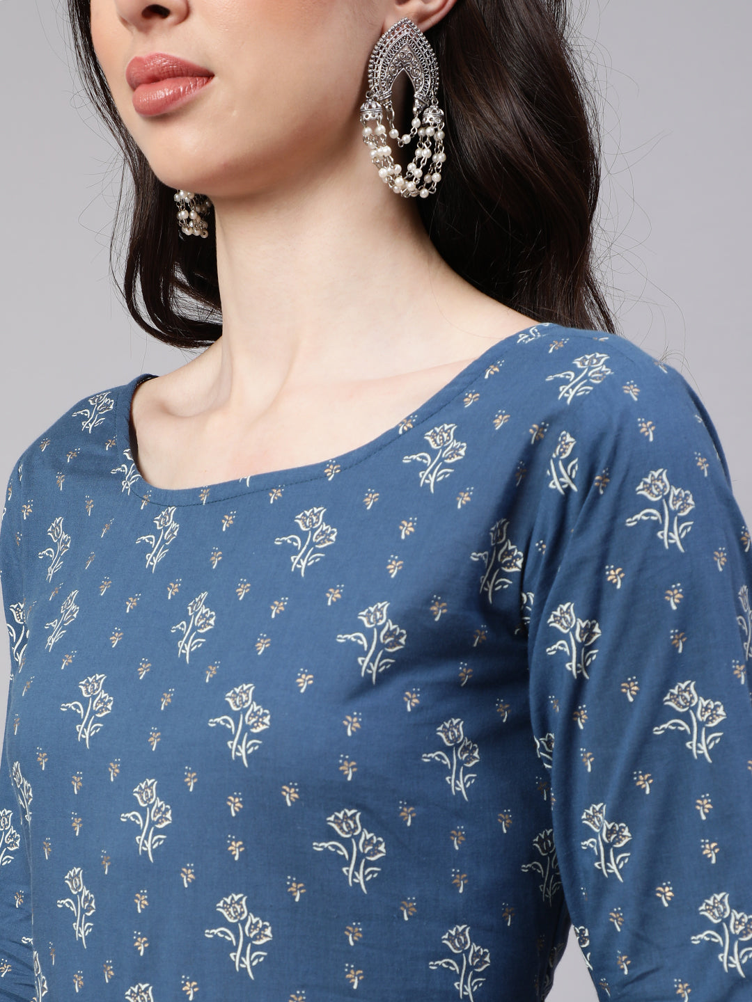 Women Blue Floral Printed Anarkali Kurta With Trouser And Dupatta | LASVINI - Redefining Indian Fashion with Elegance